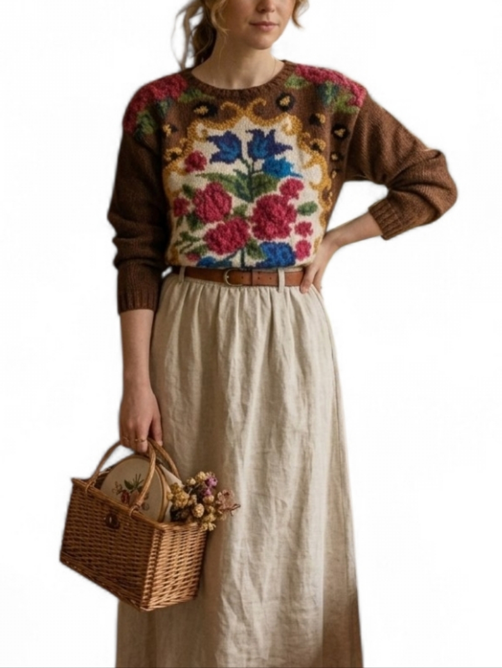 Vintage Floral Leopard Intarsia Knit Sweater Brown Red Cottagecore Grandmacore M